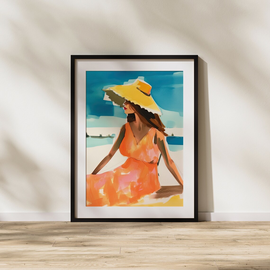 Elegant Woman In Yellow Sun Hat And Orange Dress Seaside Gouache Art Poster - Image 2
