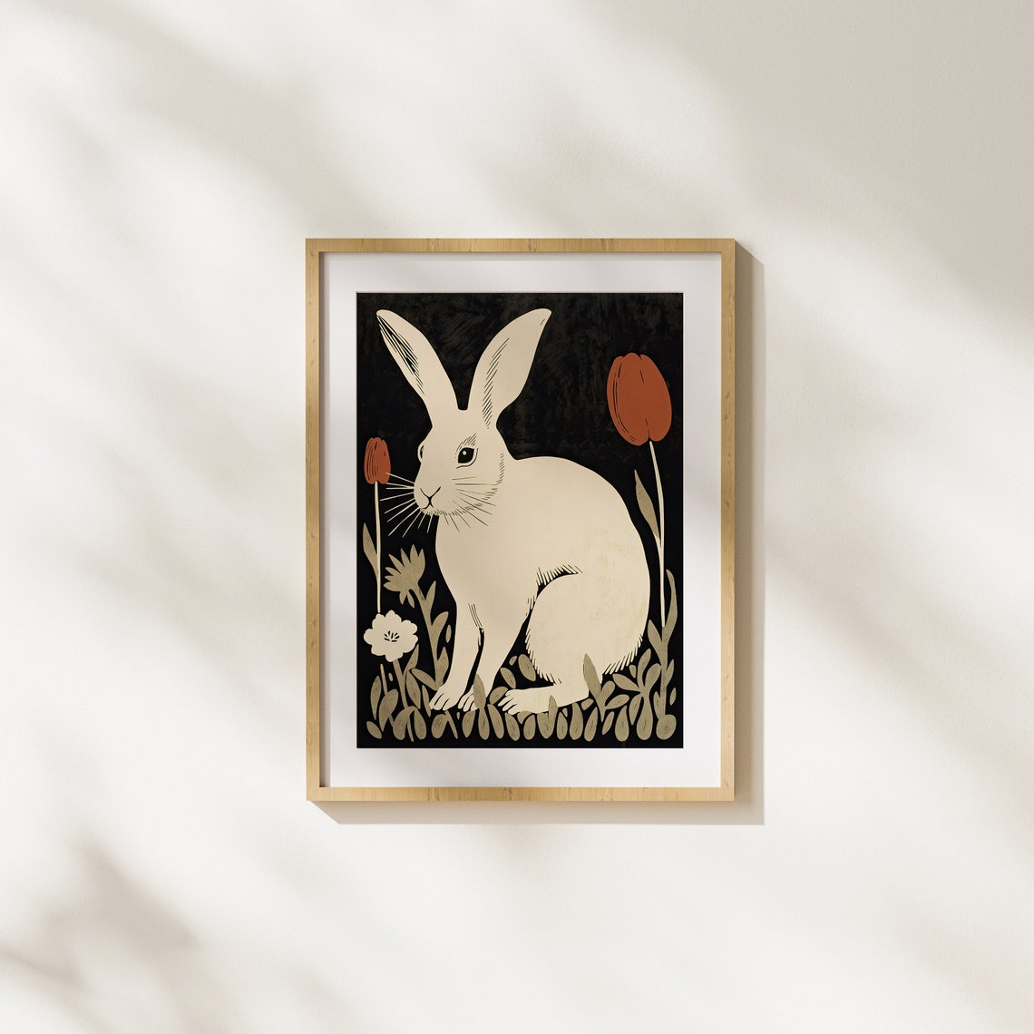 Charming White Rabbit with Red Tulips on Black Woodcut Poster