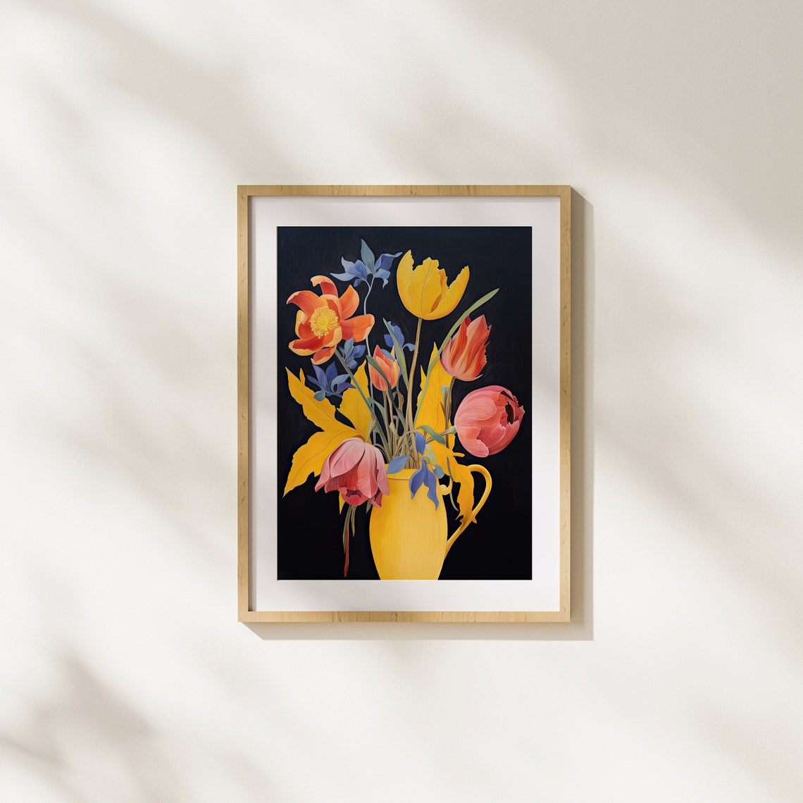 Tulips and Poppies in Yellow Vase Bold Floral Art on Black Poster
