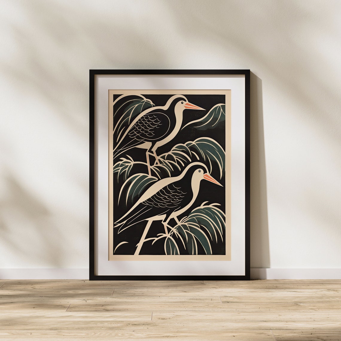 Two Elegant Long Billed Birds Among Willow Leaves Black Woodcut Poster - Image 2