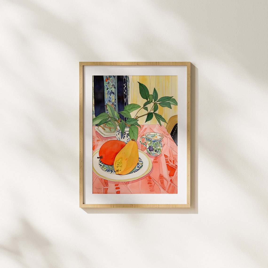 Watercolor Still Life Ripe Fruit Tea Cup On Pink Tablecloth Poster