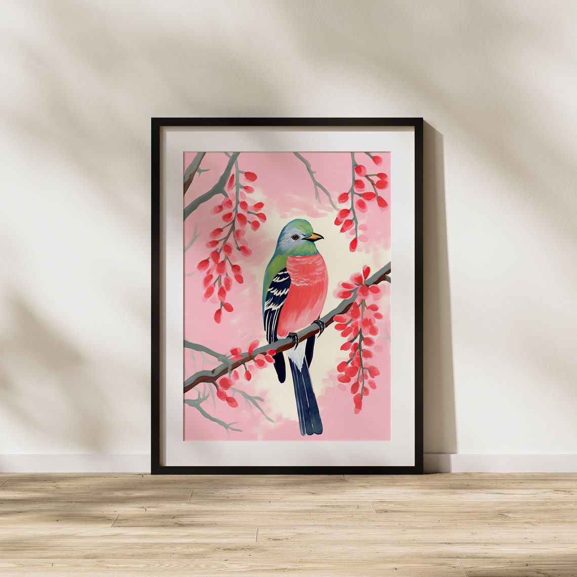Colorful Songbird On Blossom Branch Soft Pink Spring Nature Art Poster - Image 2