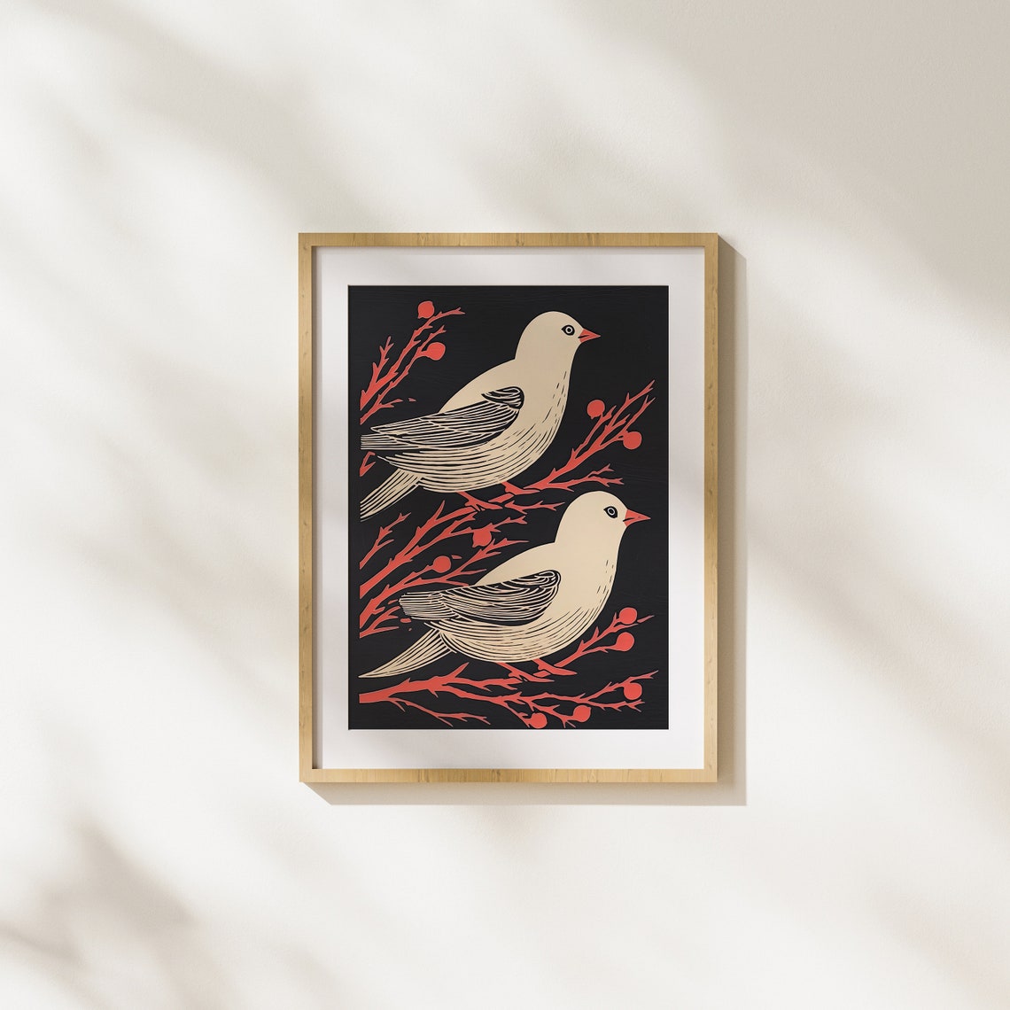 Two Cream Songbirds On Red Berry Branches Vintage Woodcut Poster