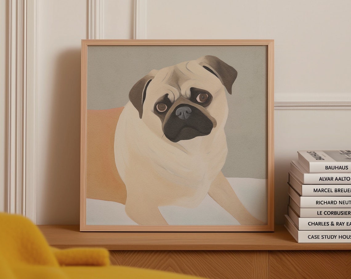 Fawn Pug Close-Up Portrait Poster with Soft Muted Color Palette
