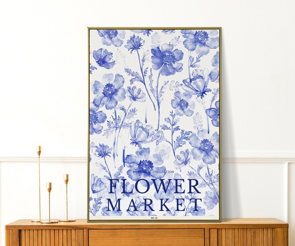 Flower Market Botanical Collection No 21 Blue Watercolor Floral Poster