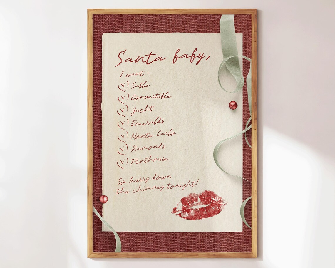 Santa Baby Christmas Wish List Red Lipstick Kiss Holiday Poster