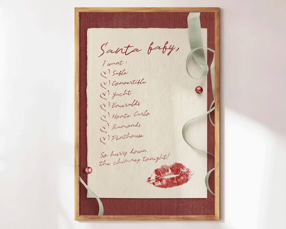 Santa Baby Christmas Wish List Red Lipstick Kiss Holiday Poster