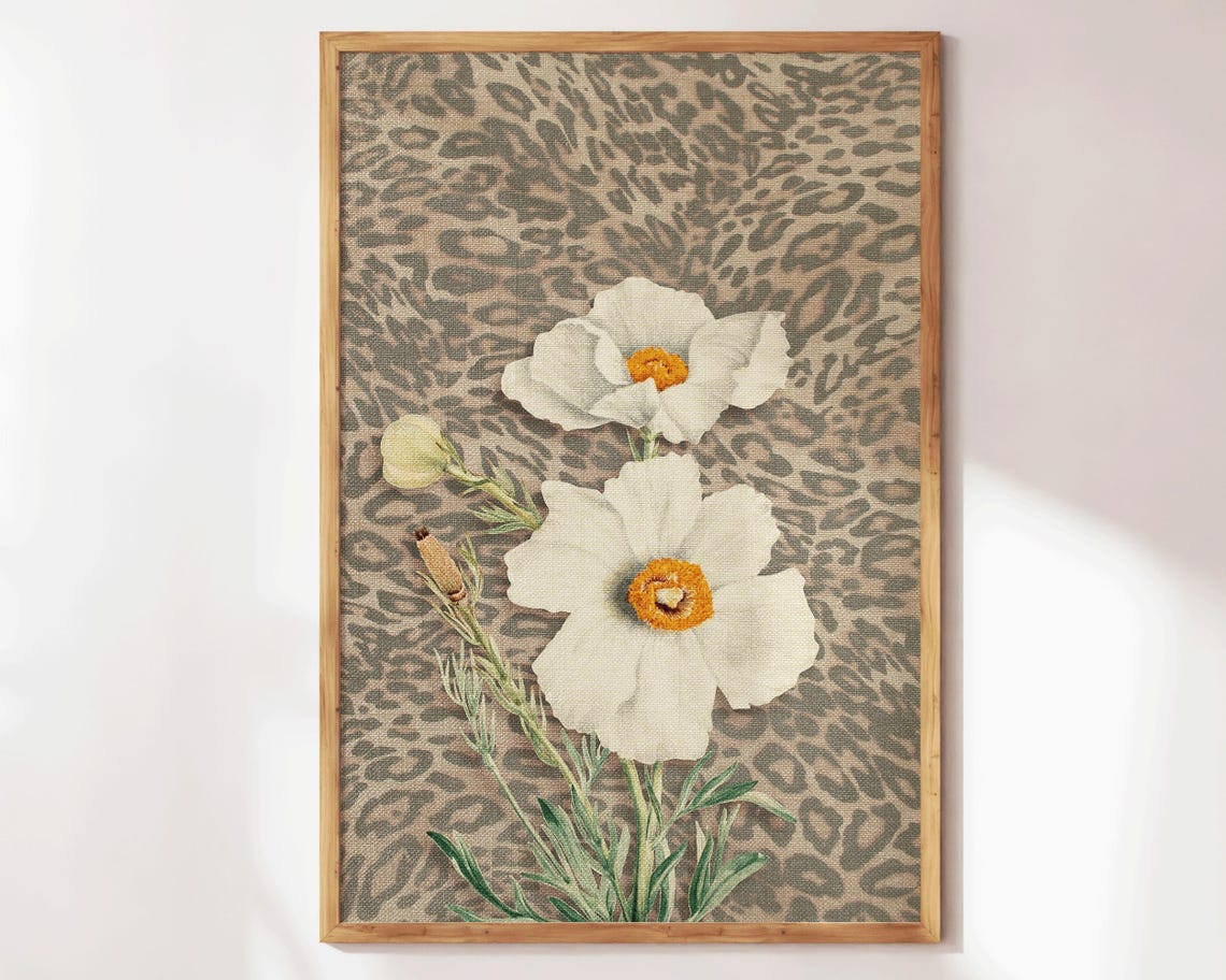 White Wildflowers Botanical Art Leopard Texture Background Poster