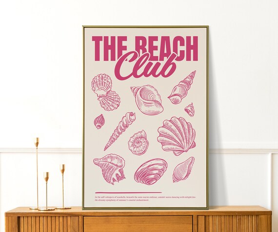 The Beach Club Print Large Retro Wall Art Shells Illustration Preppy Coastal Decor For Apartments Modern Summer Gifts