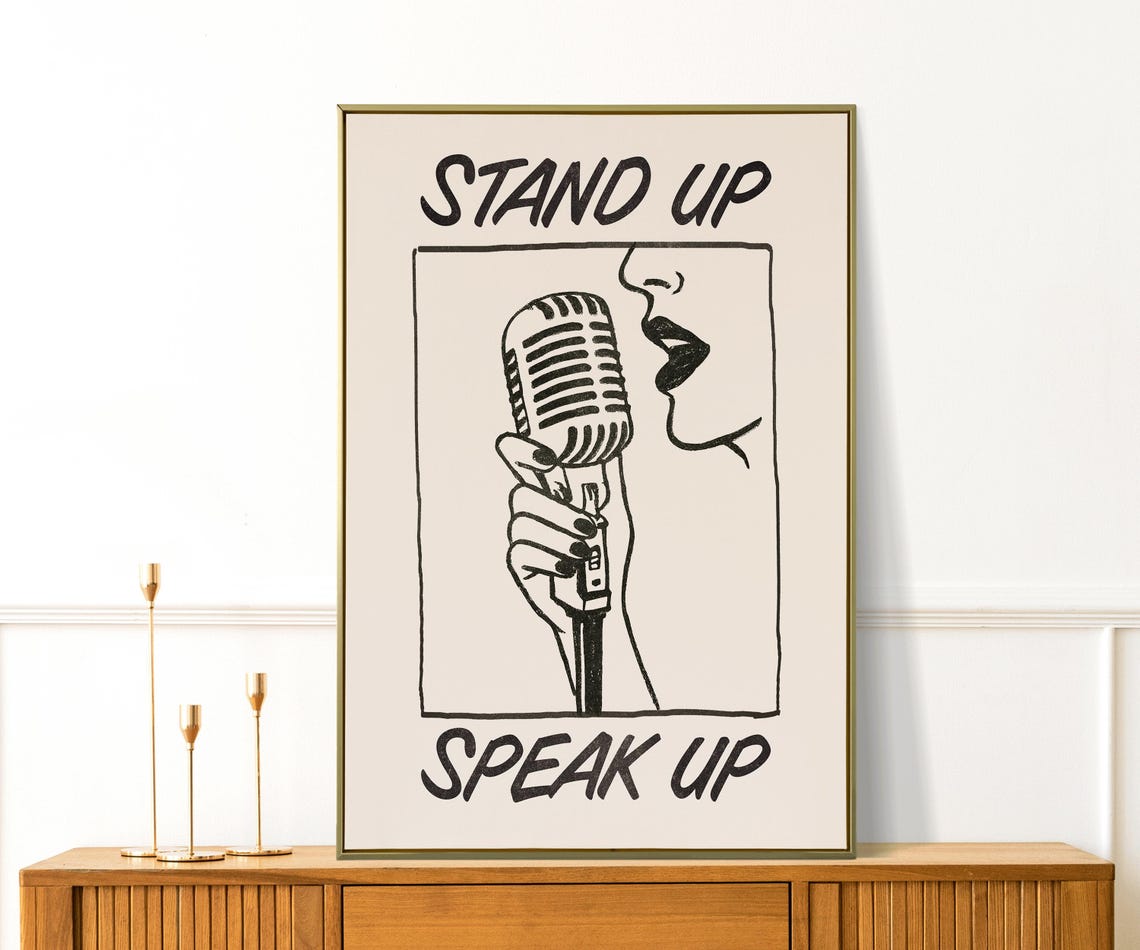 Stand Up Speak Up Retro Microphone Feminist Quote Art Poster