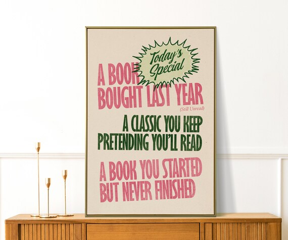 Todays Special Book Menu Retro Pink Green Bookish Wall Poster