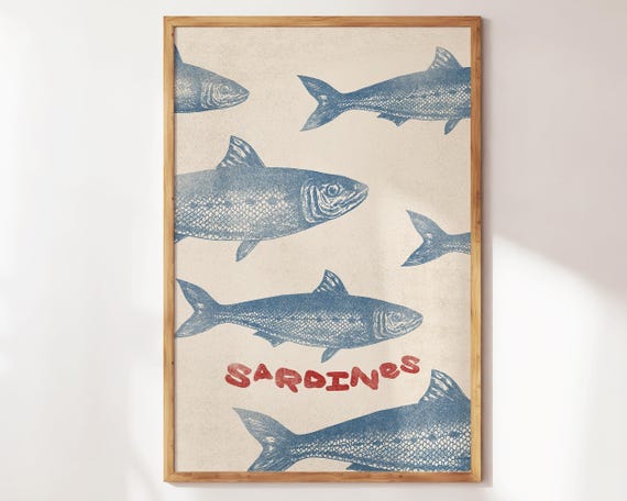 Blue Sardines Retro Kitchen Wall Art For Homecooks Chefs Food Lovers Featuring Cute Fish Prints Perfect A Trendy Coastal