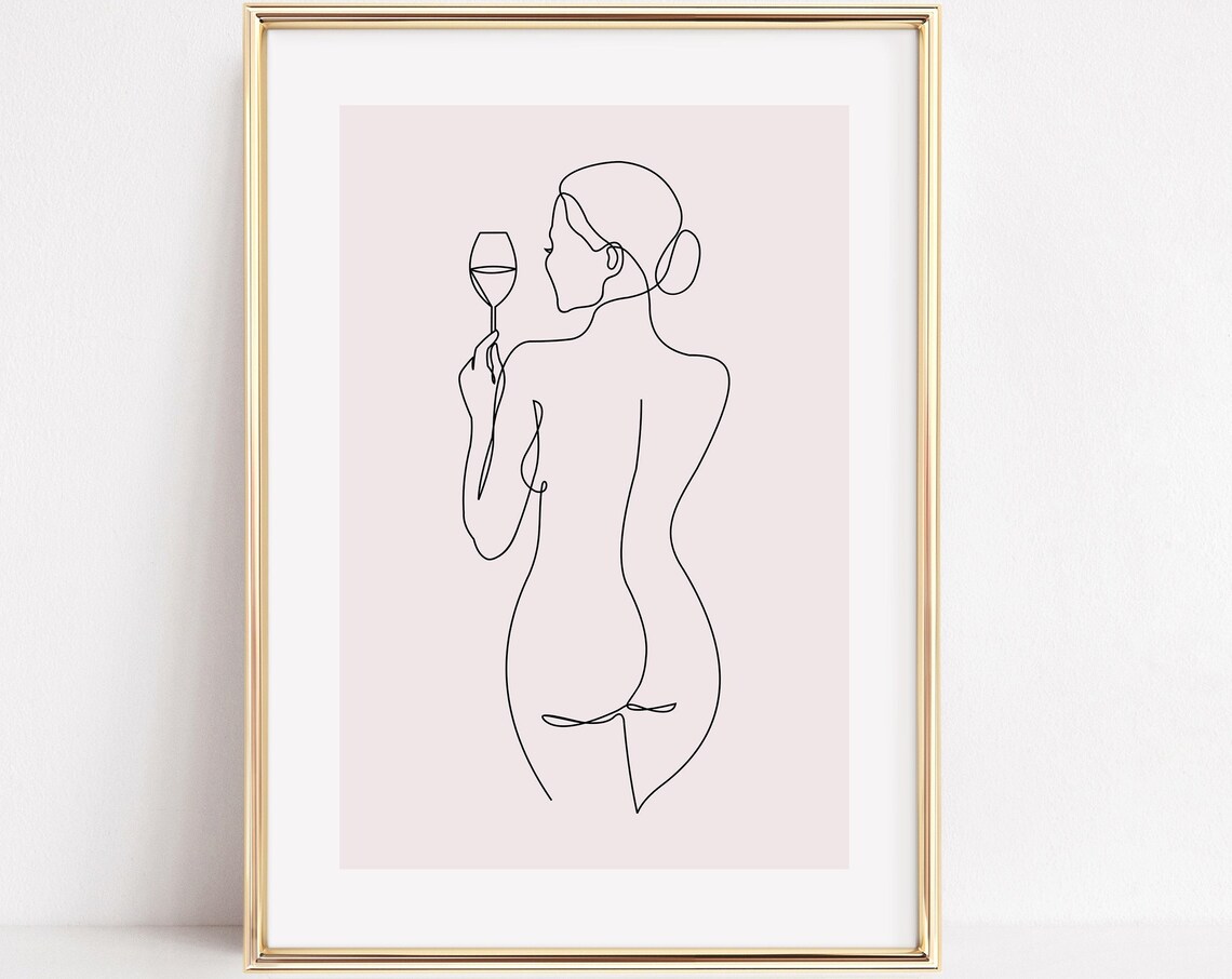Woman With Wine Glass Minimalist One Line Art Print Feminine Decor
