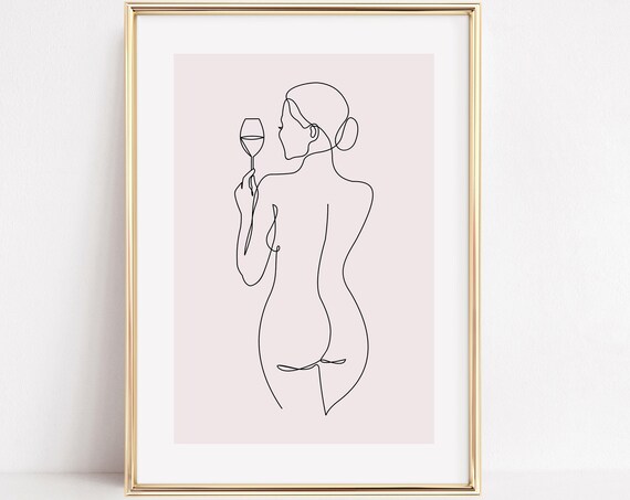 Woman With Wine Glass Minimalist One Line Art Print Feminine Decor