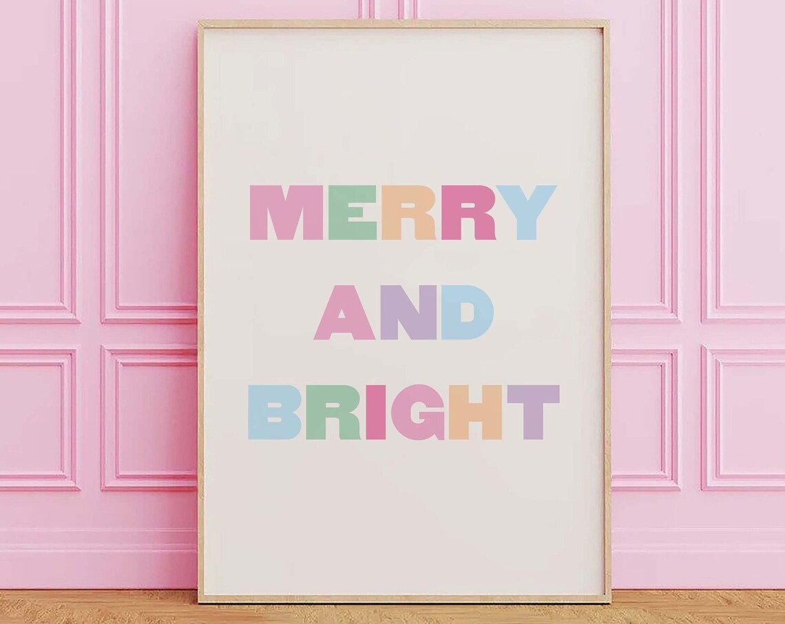 Merry and Bright Christmas Pastel Block Letters Quote Poster