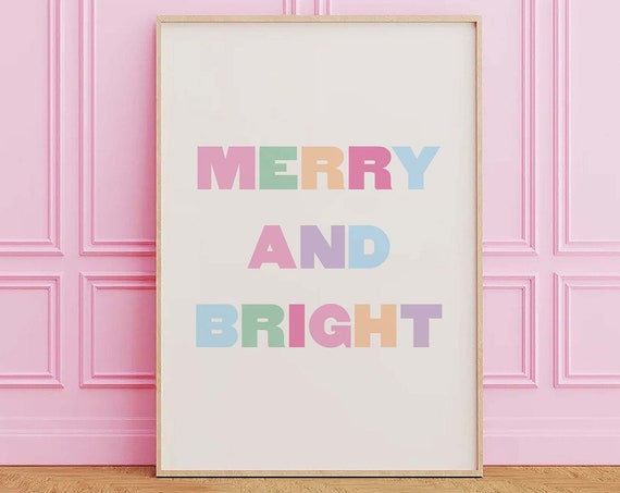 Pastel Merry And Bright Print Art Cute Pink Christmas Decor Boho Holiday Wall Art Trendy Christmas Art Print
