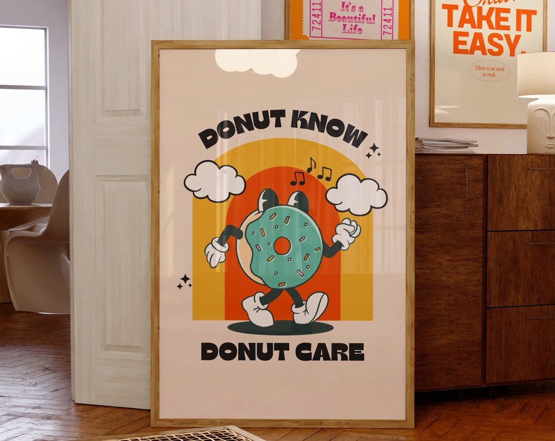Funny Donut Poster, Retro Cute Kitchen Art Print