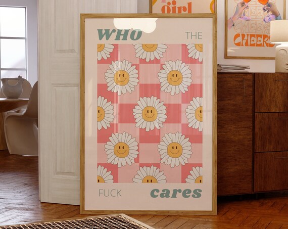 Retro Who Tf Cares Wall Art Print Groovy Smiley Face Checkered Poster Aesthetic Dorm Room Decor Cute Indie Room Decor