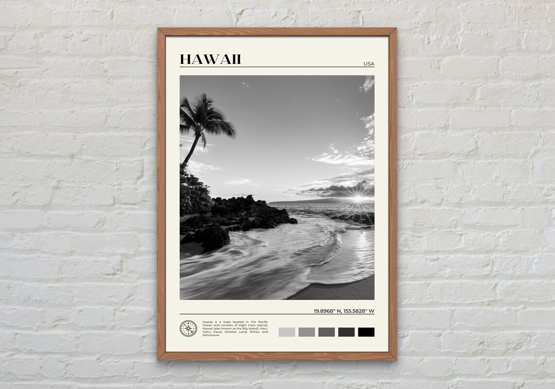 Black and White Hawaii Travel Poster, Hawaiian Islands