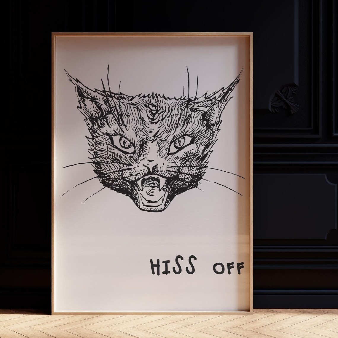 Hiss Off Hissing Black Cat Sketch Funny Halloween Wall Poster