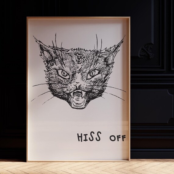 Hiss Off Hissing Black Cat Sketch Funny Halloween Wall Poster