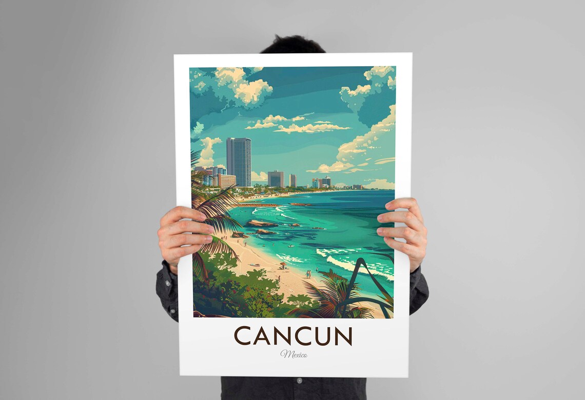 Cancun Mexico Hotel Zone Skyline Palm Beach Turquoise Water Travel Poster - Image 3
