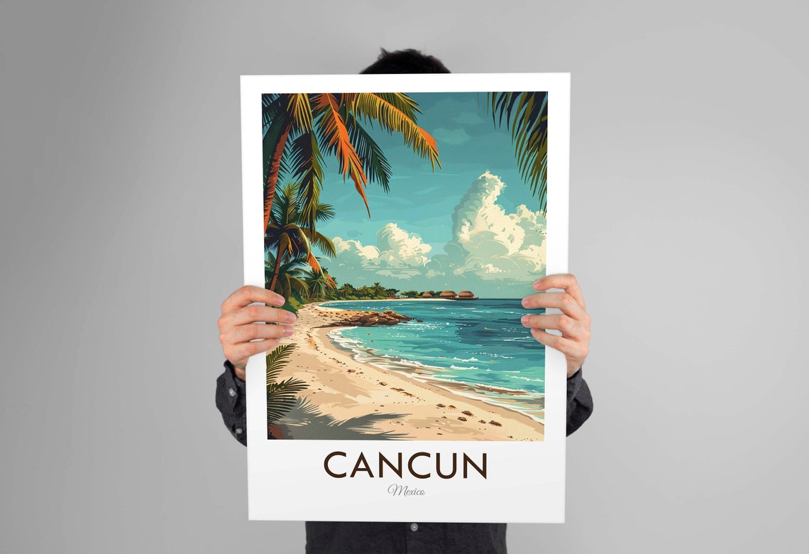 Cancun Mexico Quiet Palm Beach Curving Shoreline Calm Sea Travel Poster - Image 3