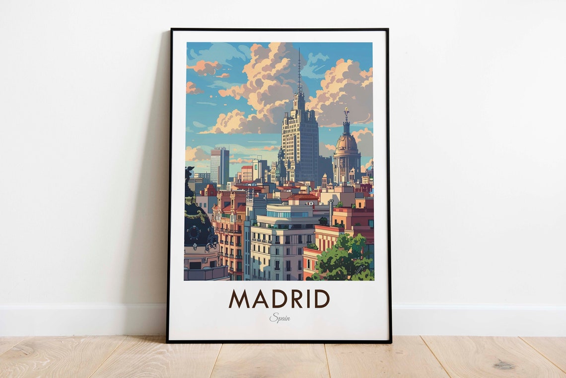 Madrid Spain Historic Skyline Golden Hour Vintage Travel Poster