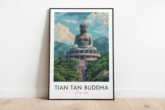 Tian Tan Buddha Hong Kong Vintage Big Buddha Statue Scenic Travel Poster
