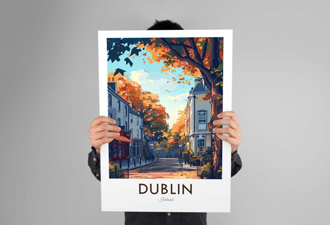 Dublin Ireland Autumn Leaves Golden Tree Lined Street Travel Poster - Image 3