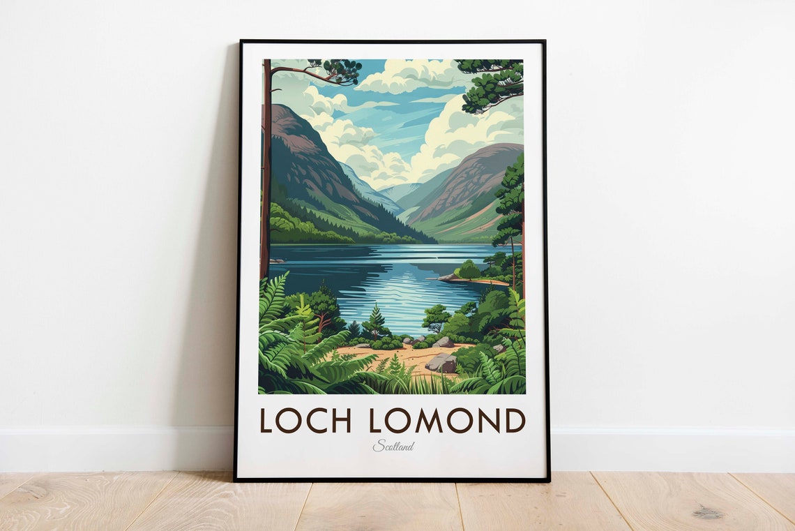 Loch Lomond Scotland Green Hills Lake And Ferns Lakeside Travel Poster