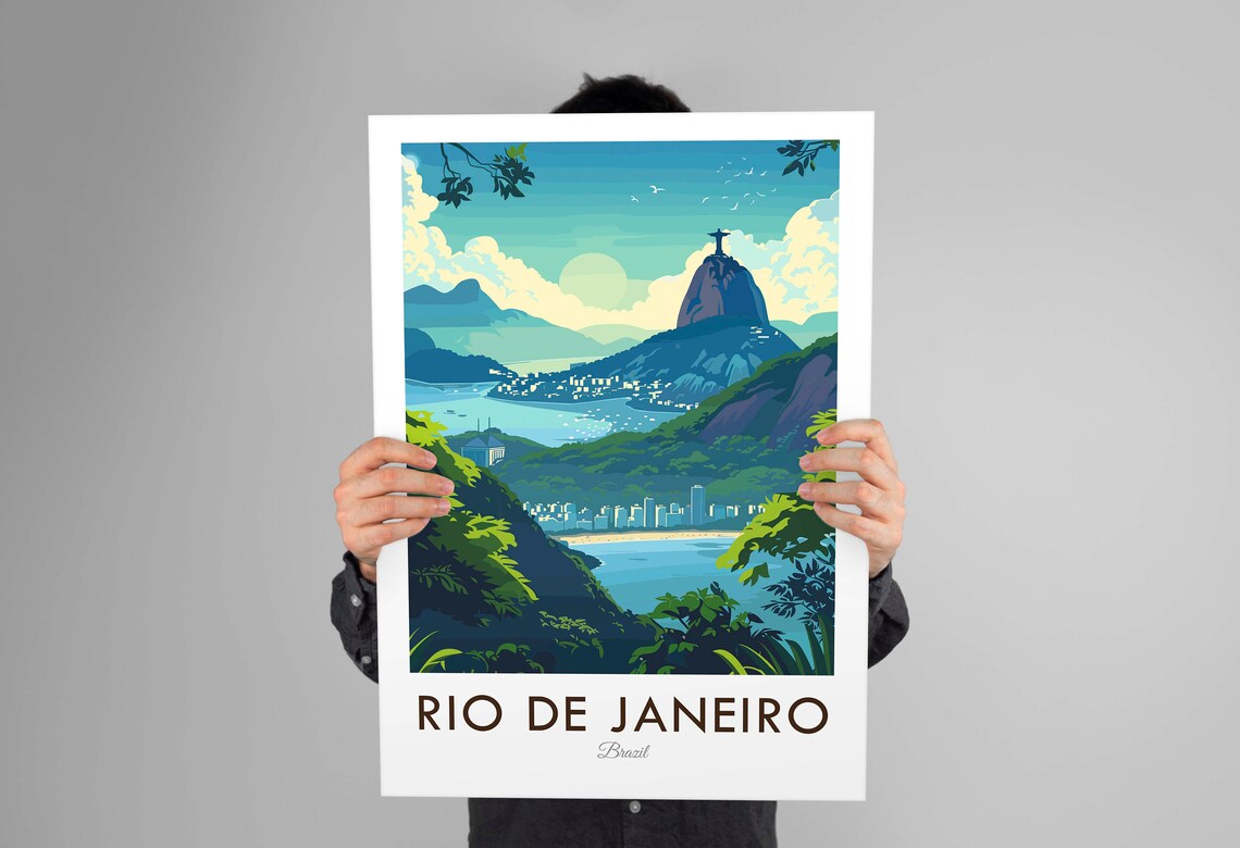 Rio de Janeiro Brazil Christ Statue Mountain Bay Vintage Travel Poster - Image 3