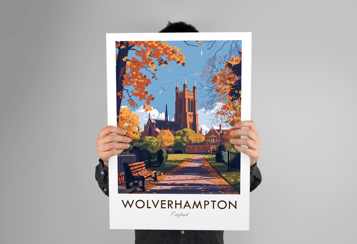 Wolverhampton England Vintage Autumn Church Lane Golden Travel Poster - Image 3