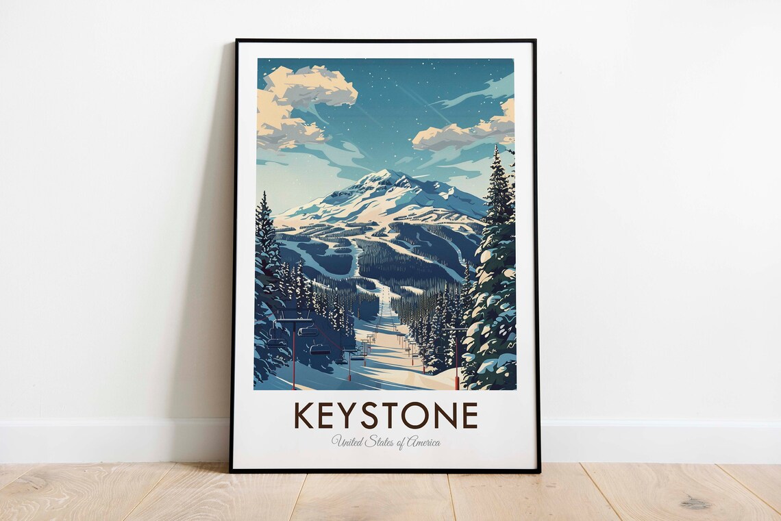 Keystone USA Snowy Ski Resort Chairlift Vintage Travel Poster