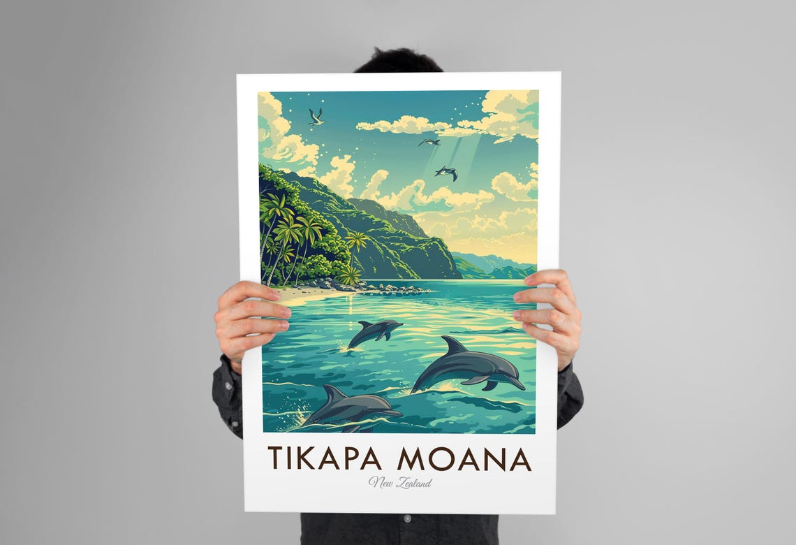 Tikapa Moana New Zealand Dolphins Beach Cliffs Vintage Travel Poster - Image 3
