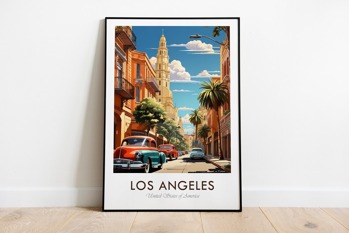 Los Angeles Classic Cars Downtown Street Illustration Vintage Poster
