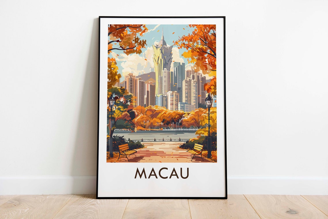 Macau China Autumn Park Skyline Fall Trees Benches Travel Poster - Image 3