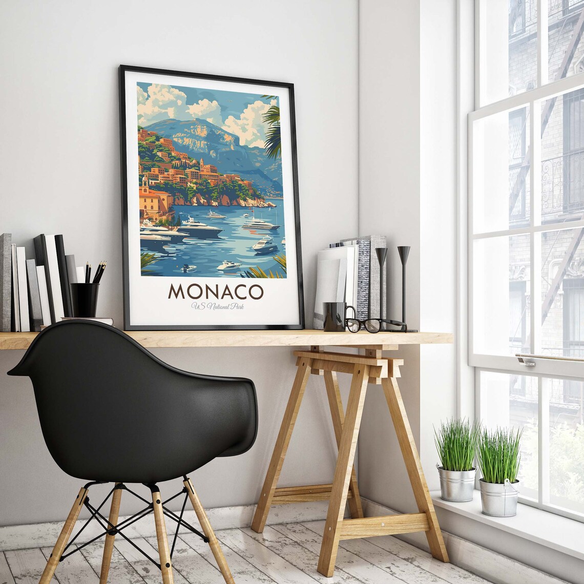 Monaco Bay Yachts And Hilltop Old Town Coastal Scene Travel Poster - Image 2