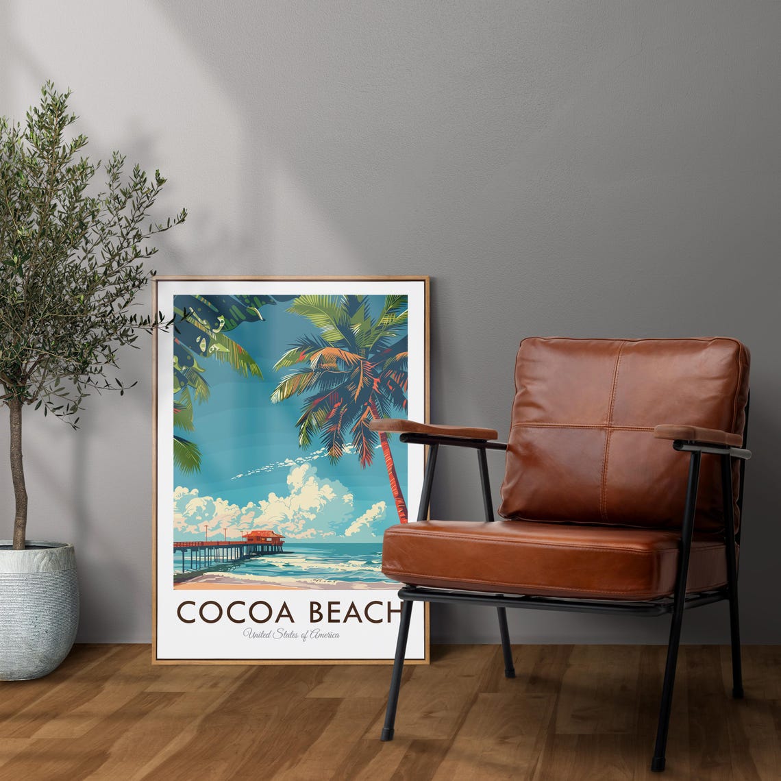 Cocoa Beach Florida Palm Trees Wooden Pier Sunset Travel Poster - Image 2