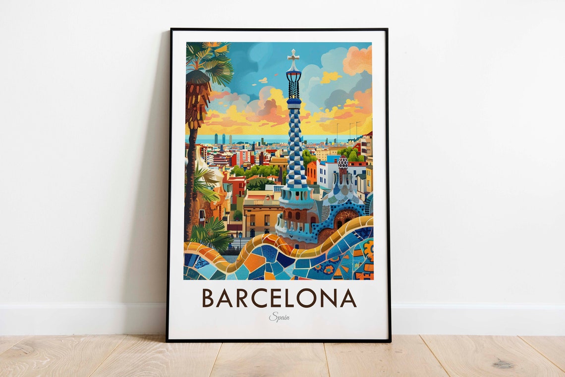 Barcelona Spain Vintage Park Guell Mosaic Terrace Gaudi Travel Poster