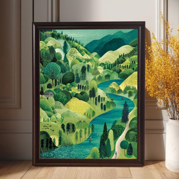 Lush Green River Valley Art Print Nature Landscape Poster Wood Framed Wall Decor