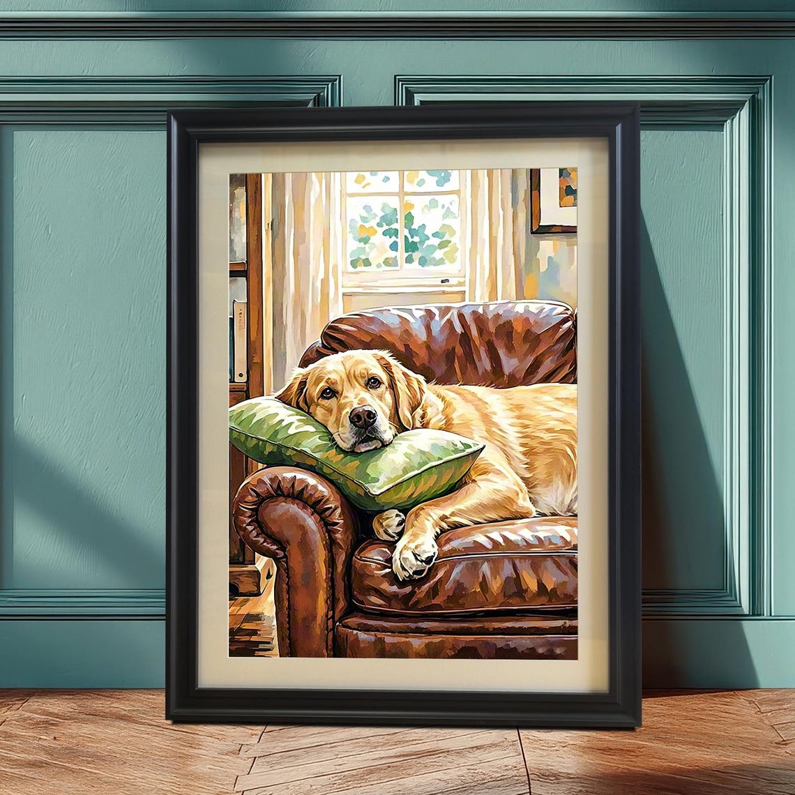 Golden Retriever Resting On Leather Armchair Cozy Dog Art Poster