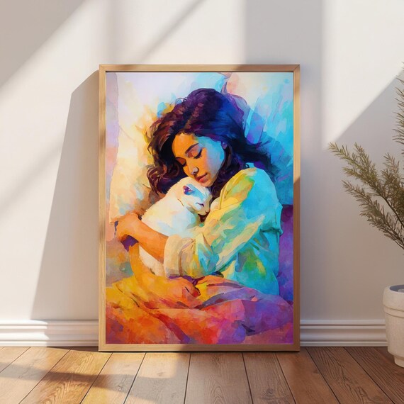 Woman Hugging White Cat Vibrant Watercolor Cozy Pet Lover Poster
