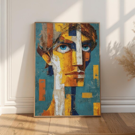 Blue Yellow Blocks Geometric Face Modern Cubist Abstract Poster