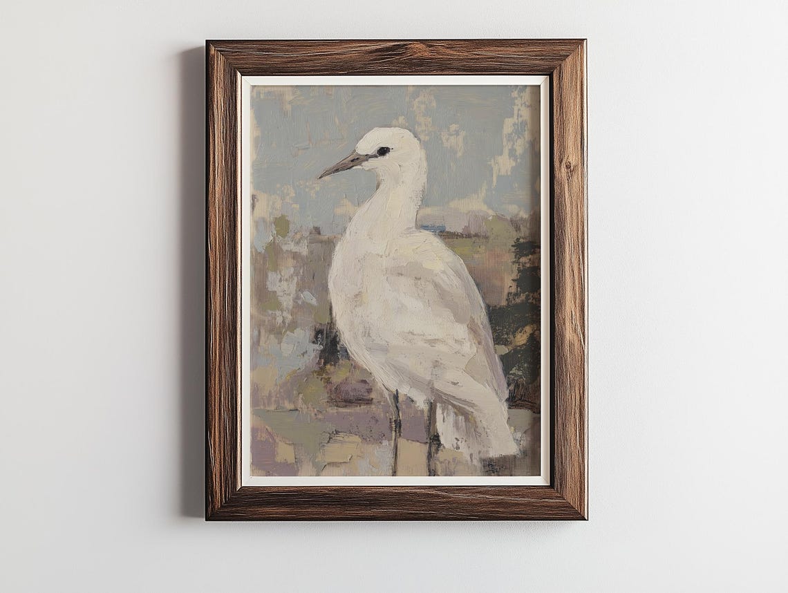 White Egret Heron Standing Abstract Muted Coastal Bird Painting Poster - Image 3