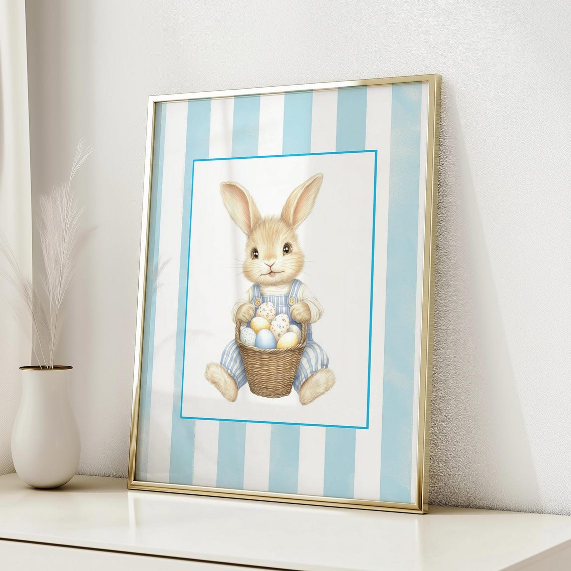 Easter Bunny With Egg Basket Blue Striped Spring Nursery Poster - Image 6