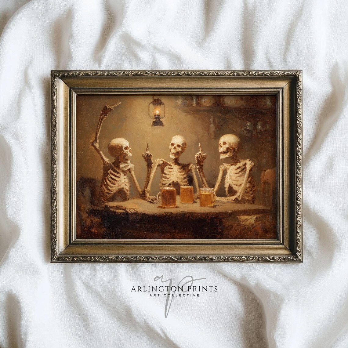 Funny Skeletons Drinking Beer Spooky Vintage Pub Scene Halloween Poster