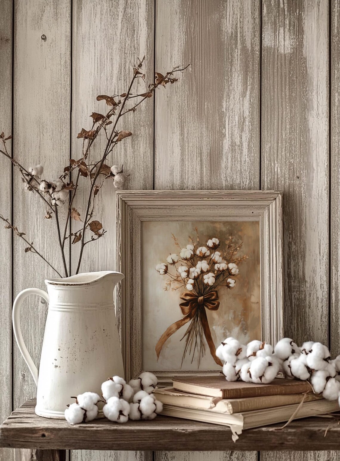 Cotton Boll Bouquet Tied with Brown Ribbon Warm Neutral Floral Print - Image 4