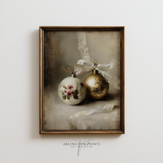 Hand Painted Vintage Christmas Ornaments Floral Still Life Poster
