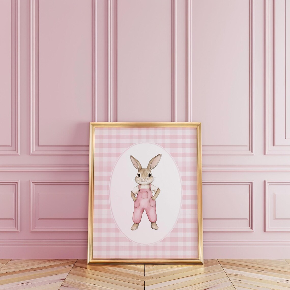 Bunny in Pink Overalls on Gingham Sweet Nursery Rabbit Illustration Print - Image 4